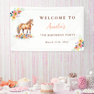 Horse Birthday Party Watercolor Floral Pony Banner