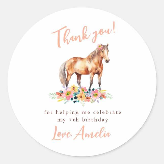 Horse Birthday Thank you Pony Floral Pink Sticker (Front)