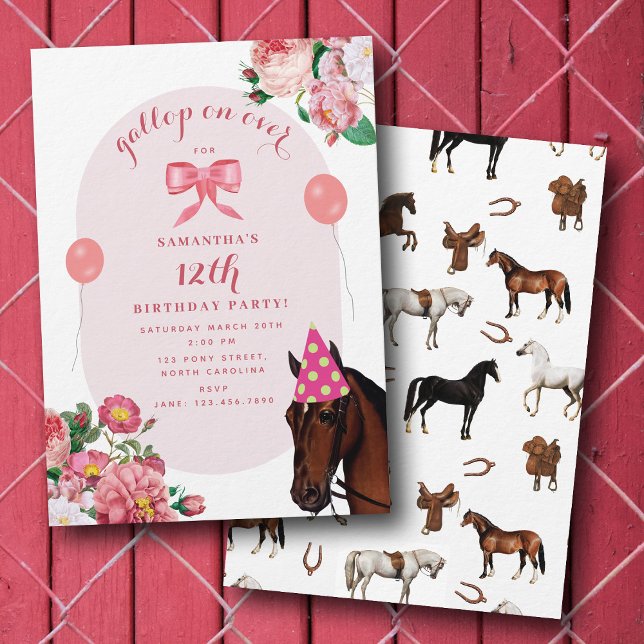 Horse Birthday Theme Pink Floral Girl Cowgirl Invitation (Horse Birthday Theme Pink Floral Girl Cowgirl Invitation)