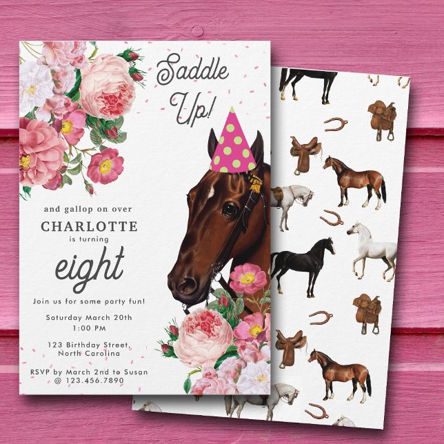 Horse Birthday Theme Pink Floral Girl Cowgirl Invitation (Horse Birthday Theme Pink Floral Girl Cowgirl Invitation)
