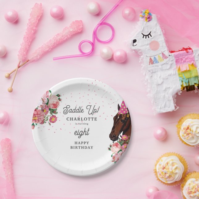 Horse Birthday Theme Pink Floral Girl Cowgirl Paper Plate (Party)