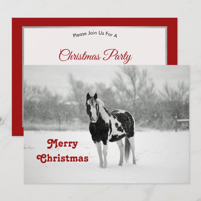 Horse Black and White Snow Photo Christmas Invitation (Front/Back)