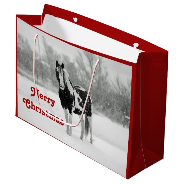 Horse Black and White Snow Photo Christmas Large Gift Bag (Front Angled)