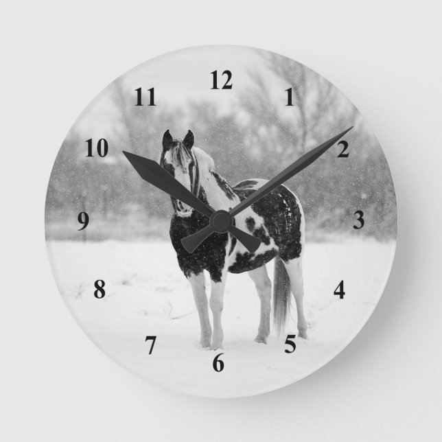 Horse Black and White Snow Photo Round Clock (Front)