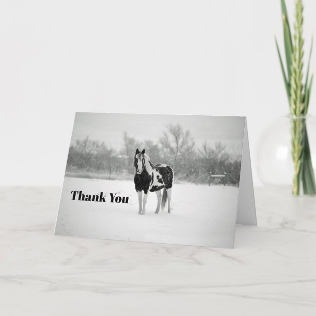 Horse Black and White Snow Photo Thank You Card (Front)