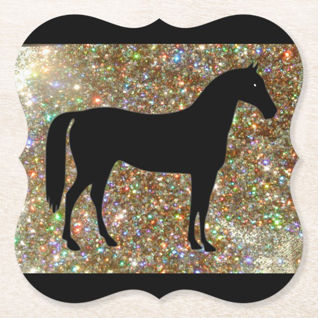 Horse Black & Gold Sparkle Paper Coaster (Front)