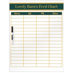 Horse Boarding Barn Feed Chart - Green + Gold Dry Erase Board