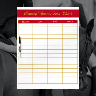 Horse Boarding Barn Feed Chart - Show Red + Gold Dry Erase Board