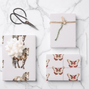 Horse Burgundy Cream Butterflies Birthday Wrapping Paper Sheet