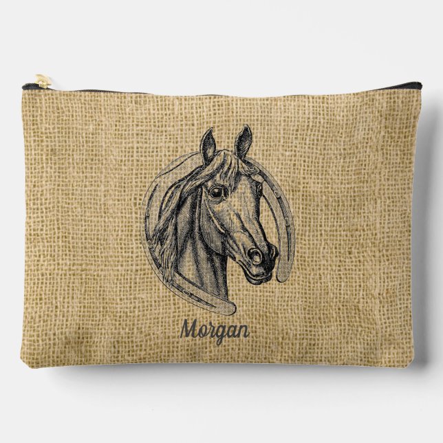 Horse Cameo on Burlap Personalised Accessory Pouch (Front)