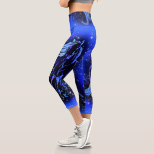 Horse Capri Leggings Running In Blue Starry Night