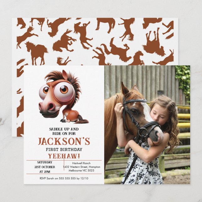Horse Caricatures 1st Birthday Party photo Invitation (Front/Back)