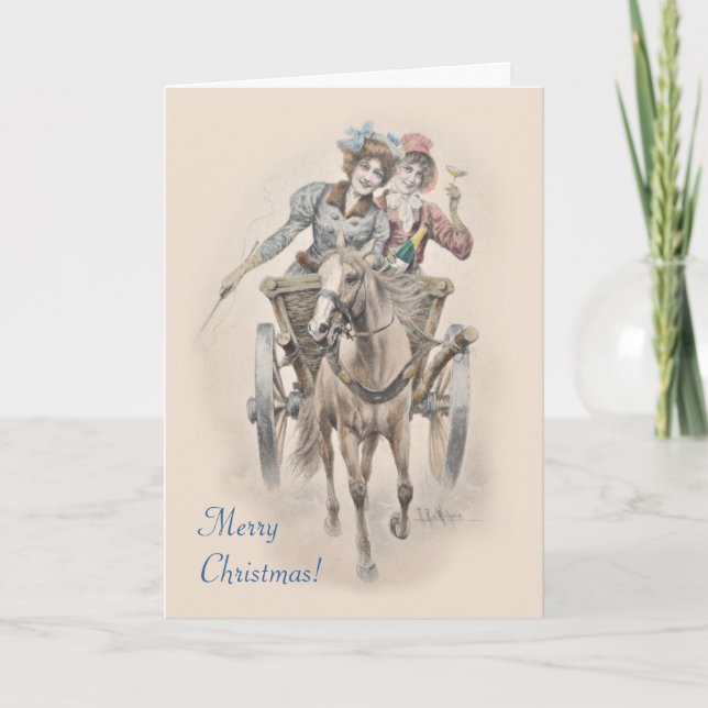 Horse, cart and girls Christmas Holiday Card (Front)