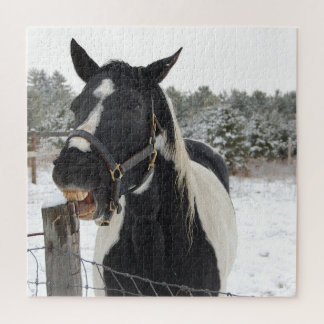 Horse Chewing a Fence Post in the Snow Jigsaw Puzzle