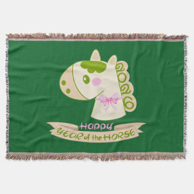 Horse Chinese New Year 2026 Cute Lucky Green  Throw Blanket (Front)