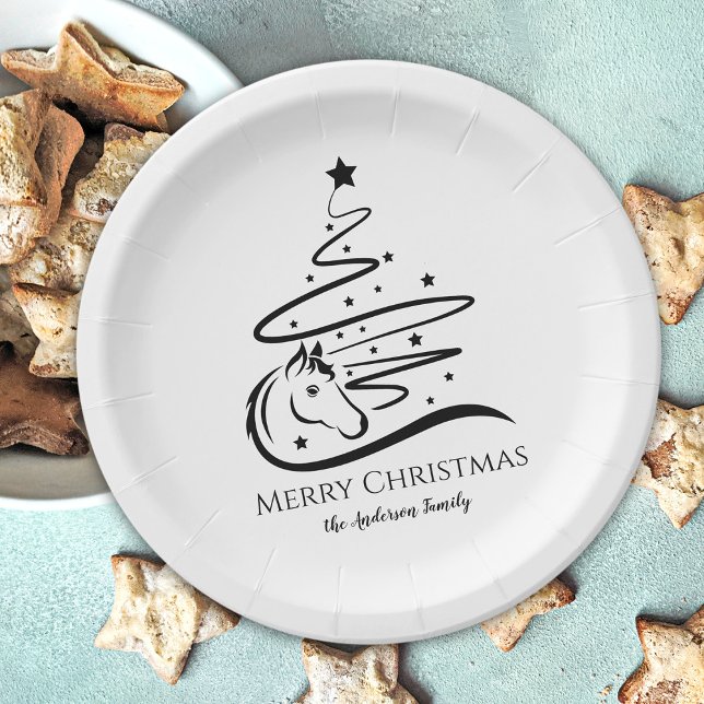 Horse Christmas tree black and white Equestrian Paper Plate (Horse Christmas tree paper plates, horse lover Christmas table decor, personalized)