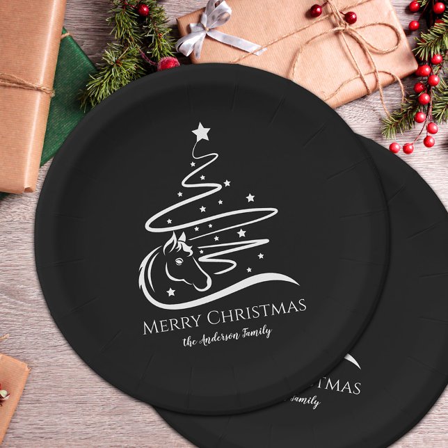 Horse Christmas tree black and white Equestrian Paper Plate (Horse Christmas tree black and white personalized paper plates for horse lovers)