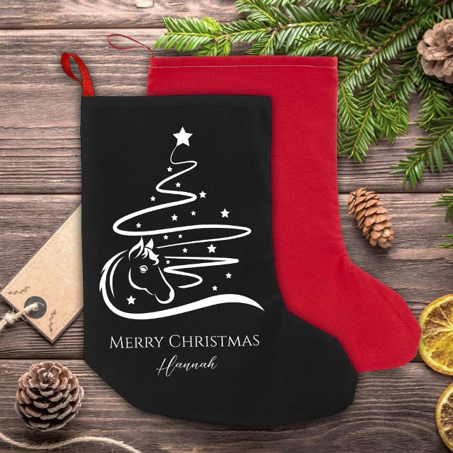 Horse Christmas tree black and white Equestrian Small Christmas Stocking (Horse Christmas tree Christmas stockings, personalized, vector art.)