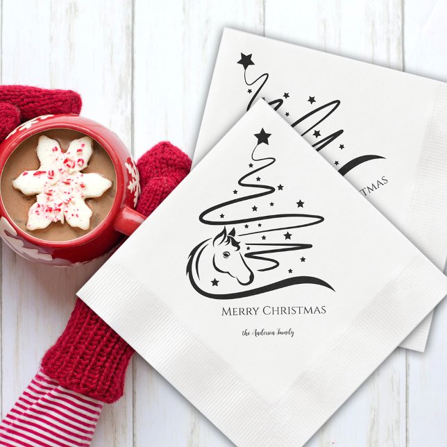 Horse Christmas tree black whiteEquestrian Napkin (Horse Christmas tree paper napkins with personalized text)