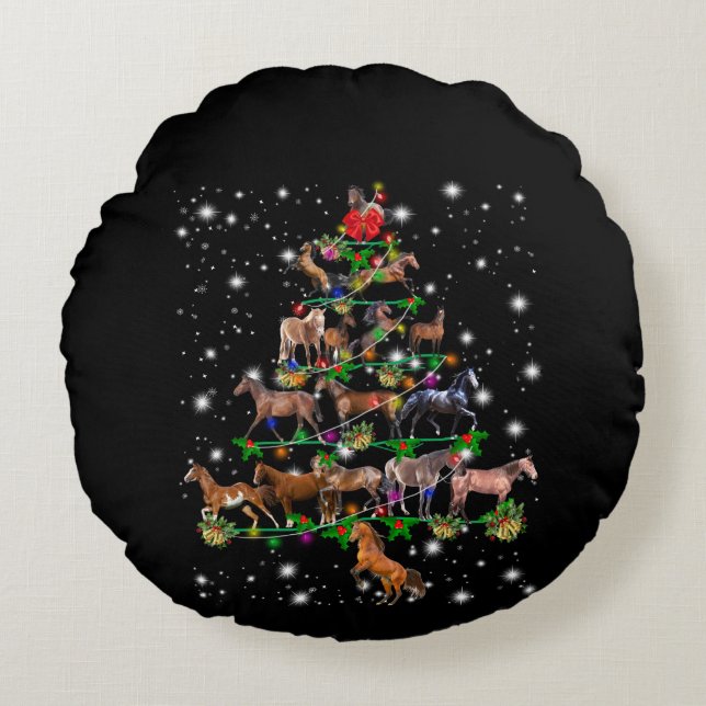 Horse Christmas Tree Covered By Flashlight Round Cushion (Front)