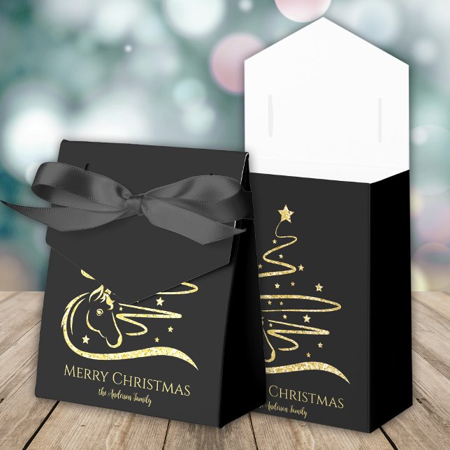 Horse Christmas tree Gold glitter Equestrian Favour Box (Horse Christmas tree gold glitter and black gift boxes, personalized,)