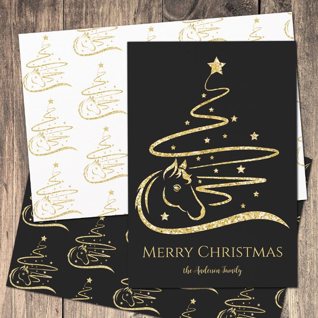 Horse Christmas tree Gold glitter Equestrian Wrapping Paper Sheet (3 styles of gold glitter horse Christmas tree papers, one of them is personalized with your own text)