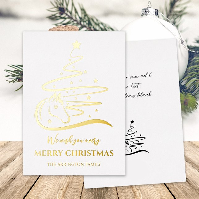 Horse Christmas tree real gold Foil Holiday Card (Real gold foil horse Christmas card, personalized horse lover Christmas tree card, vector art.)