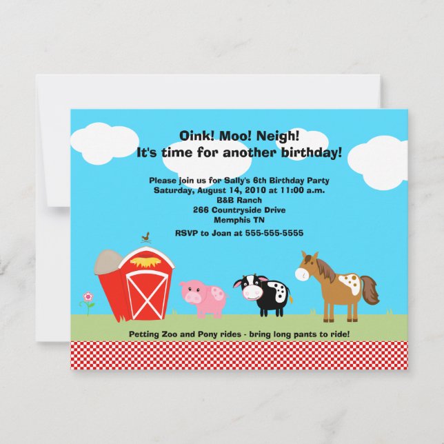 Horse, Cow & Pig Barnyard Birthday Invitations (Front)