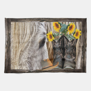 Horse Cowboy Boots Cowboy Hat Rustic Barn Board Tea Towel