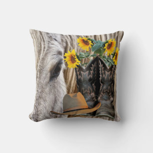 Horse Cowboy Boots Cowboy Hat Sunflowers Cushion