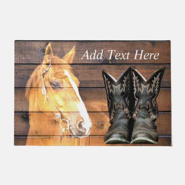 Horse Cowboy Boots Rustic Barn Board Doormat (Front)
