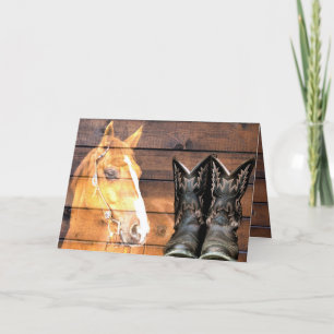 Horse Cowboy Boots Rustic Barn Board Holiday Card
