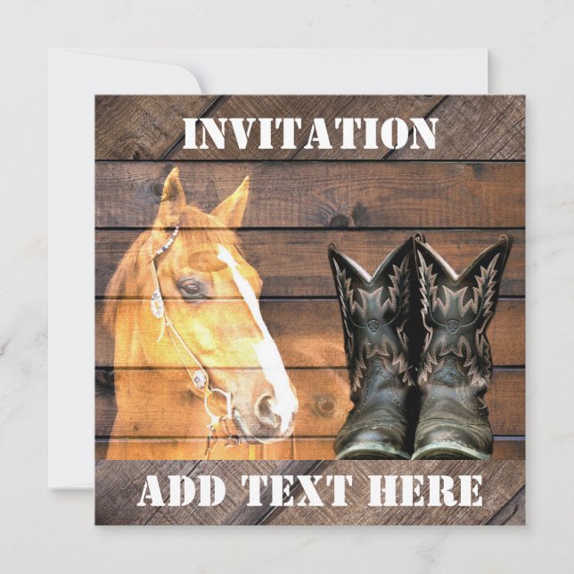 Horse Cowboy Boots Rustic Barn Board Invitation (Front)