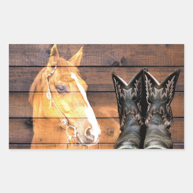 Horse Cowboy Boots Rustic Barn Board Rectangular Sticker (Front)