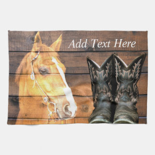 Horse Cowboy Boots Rustic Barn Board Tea Towel