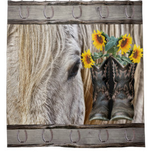Horse Cowboy Boots Sunflowers Horseshoes Shower Curtain