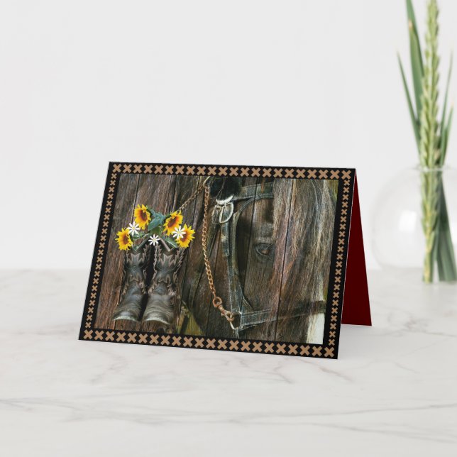Horse Cowboy Boots Sunflowers Rustic Barn Board Card (Front)