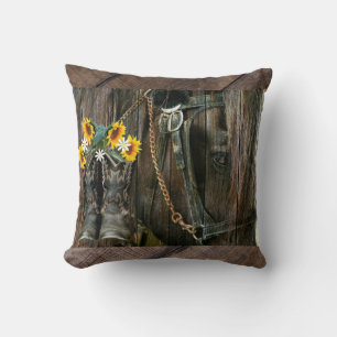 Horse Cowboy Boots Sunflowers Rustic Barn Board Cushion
