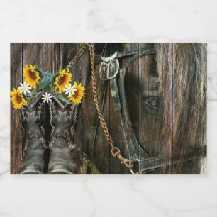 Horse Cowboy Boots Sunflowers Rustic Barn Board Food Label