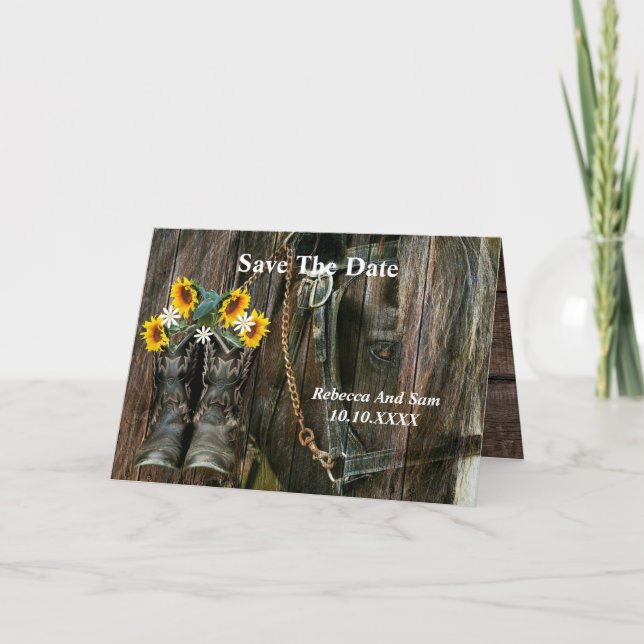 Horse Cowboy Boots Sunflowers Rustic Barn Board Invitation (Front)