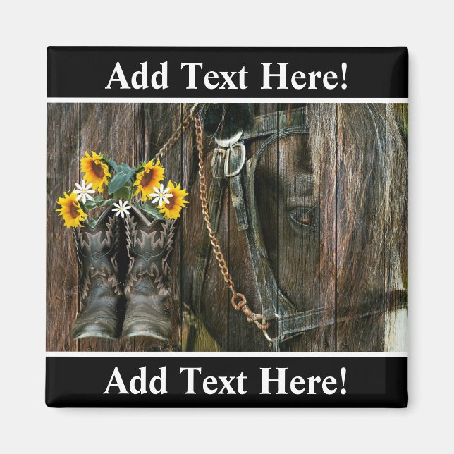 Horse Cowboy Boots Sunflowers Rustic Barn Board Magnet (Front)