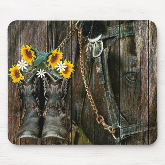 Horse Cowboy Boots Sunflowers Rustic Barn Board Mouse Pad (Front)