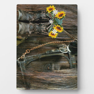 Horse Cowboy Boots Sunflowers Rustic Barn Board Plaque
