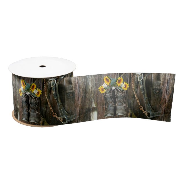 Horse Cowboy Boots Sunflowers Rustic Barn Board Satin Ribbon (Spool)