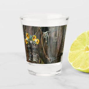 Horse Cowboy Boots Sunflowers Rustic Barn Board Shot Glass