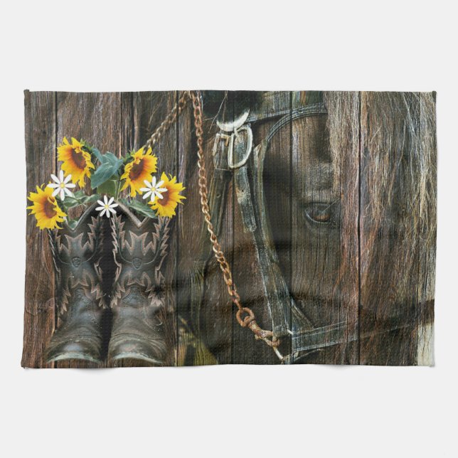 Horse Cowboy Boots Sunflowers Rustic Barn Board Tea Towel (Horizontal)