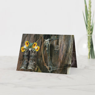 Horse Cowboy Boots Sunflowers Rustic Barn Board Th Thank You Card