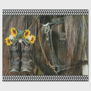 Horse Cowboy Boots Sunflowers Rustic Barn Board Wrapping Paper