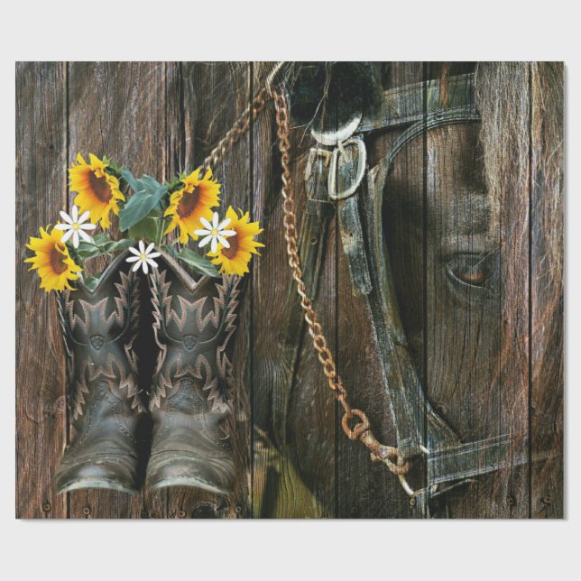 Horse Cowboy Boots Sunflowers Rustic Barn Board Wrapping Paper (Flat)