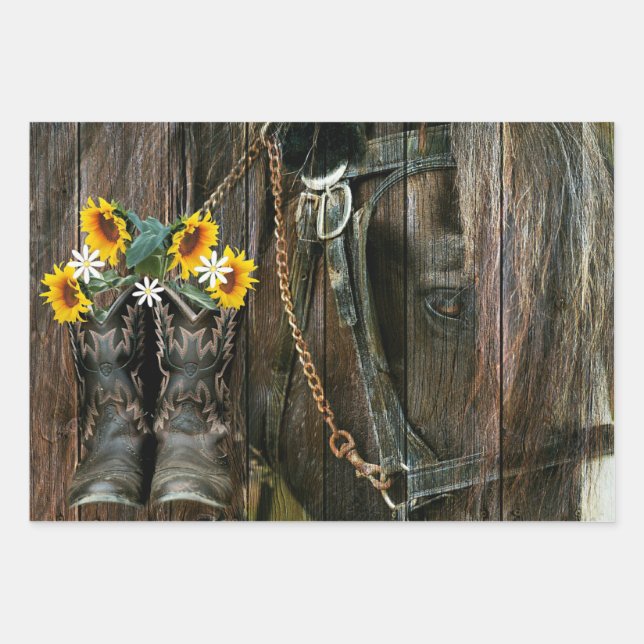 Horse Cowboy Boots Sunflowers Rustic Barn Board Wrapping Paper Sheet (Front)